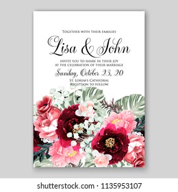 Wedding Invitation Floral Bridal Wreath  pink peony flowers Anemones, wild Privet Berry, vector floral illustration in vintage watercolor style baby shower invitation template vector printable card