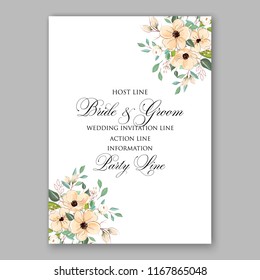 Wedding Invitation Floral Bridal Wreath with pink flowers Anemones, fir, pine branches, wild Privet Berry, vector floral illustration in vintage watercolor style