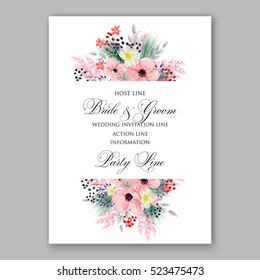 Wedding Invitation Floral Bridal Wreath with pink flowers Anemones, fir, pine branches, wild Privet Berry, vector floral illustration in vintage watercolor style