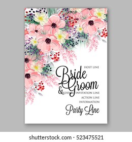 Wedding Invitation Floral Bridal Wreath with pink flowers Anemones, fir, pine branches, wild Privet Berry, vector floral illustration in vintage watercolor style