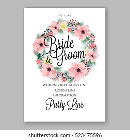 Wedding Invitation Floral Bridal Wreath with pink flowers Anemones, fir, pine branches, wild Privet Berry, vector floral illustration in vintage watercolor style