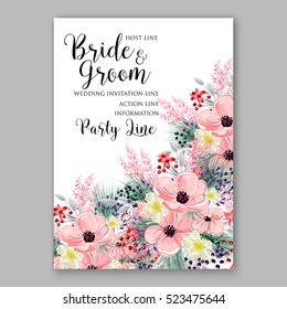 Wedding Invitation Floral Bridal Wreath with pink flowers Anemones, fir, pine branches, wild Privet Berry, vector floral illustration in vintage watercolor style