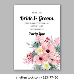 Wedding Invitation Floral Bridal Wreath with pink flowers Anemones, fir, pine branches, wild Privet Berry, vector floral illustration in vintage watercolor style