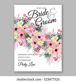 Wedding Invitation Floral Bridal Wreath with pink flowers Anemones, fir, pine branches, wild Privet Berry, vector floral illustration in vintage watercolor style