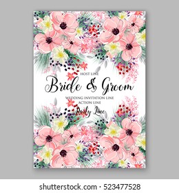 Wedding Invitation Floral Bridal Wreath with pink flowers Anemones, fir, pine branches, wild Privet Berry, vector floral illustration in vintage watercolor style