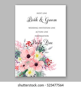 Wedding Invitation Floral Bridal Wreath with pink flowers Anemones, fir, pine branches, wild Privet Berry, vector floral illustration in vintage watercolor style