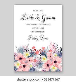 Wedding Invitation Floral Bridal Wreath with pink flowers Anemones, fir, pine branches, wild Privet Berry, vector floral illustration in vintage watercolor style