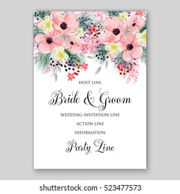 Wedding Invitation Floral Bridal Wreath with pink flowers Anemones, fir, pine branches, wild Privet Berry, vector floral illustration in vintage watercolor style