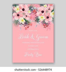 Wedding Invitation Floral Bridal Wreath with pink flowers Anemones, fir, pine branches, wild Privet Berry, vector floral illustration in vintage watercolor style