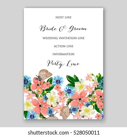 Wedding Invitation Floral Bridal Wreath with pink flowers Anemones, fir, pine branches, wild Privet Berry, vector floral illustration in vintage watercolor style