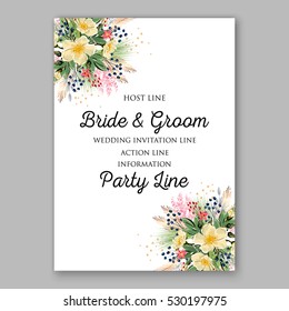 Wedding Invitation Floral Bridal Wreath with pink flowers Anemones, fir, pine branches, wild Privet Berry, vector floral illustration in vintage watercolor style
