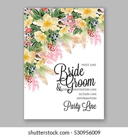 Wedding Invitation Floral Bridal Wreath with pink flowers Anemones, fir, pine branches, wild Privet Berry, vector floral illustration in vintage watercolor style
