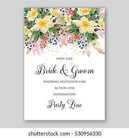 Wedding Invitation Floral Bridal Wreath with pink flowers Anemones, fir, pine branches, wild Privet Berry, vector floral illustration in vintage watercolor style