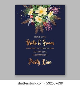 Wedding Invitation Floral Bridal Wreath with pink flowers Anemones, fir, pine branches, wild Privet Berry, vector floral illustration in vintage watercolor style blue background