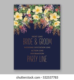 Wedding Invitation Floral Bridal Wreath with pink flowers Anemones, fir, pine branches, wild Privet Berry, vector floral illustration in vintage watercolor style blue background