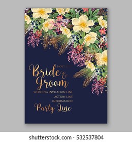 Wedding Invitation Floral Bridal Wreath with pink flowers Anemones, fir, pine branches, wild Privet Berry, vector floral illustration in vintage watercolor style blue background