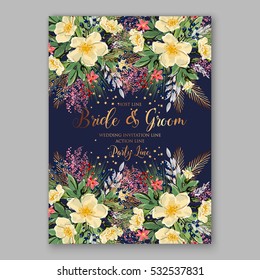 Wedding Invitation Floral Bridal Wreath with pink flowers Anemones, fir, pine branches, wild Privet Berry, vector floral illustration in vintage watercolor style blue background