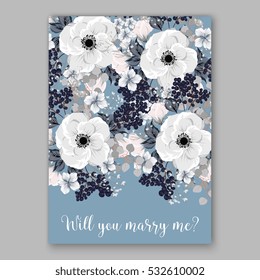 Wedding Invitation Floral Bridal Wreath with pink flowers Anemones, eucaliptus, Mistletoe, wild privet berry, currant berry vector floral illustration in vintage watercolor style
