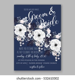 Wedding Invitation Floral Bridal Wreath with pink flowers Anemones, eucaliptus, Mistletoe, wild privet berry, currant berry vector floral illustration in vintage watercolor style