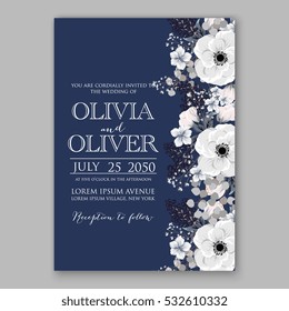 Wedding Invitation Floral Bridal Wreath with pink flowers Anemones, eucaliptus, Mistletoe, wild privet berry, currant berry vector floral illustration in vintage watercolor style