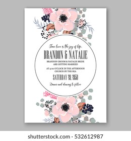 Wedding Invitation Floral Bridal Wreath with pink flowers Anemones, eucaliptus, Mistletoe, wild privet berry, currant berry vector floral illustration in vintage watercolor style