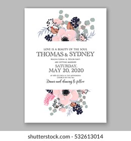 Wedding Invitation Floral Bridal Wreath with pink flowers Anemones, eucaliptus, Mistletoe, wild privet berry, currant berry vector floral illustration in vintage watercolor style