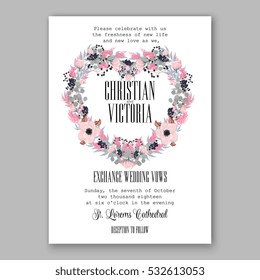 Wedding Invitation Floral Bridal Wreath with pink flowers Anemones, eucaliptus, Mistletoe, wild privet berry, currant berry vector floral illustration in vintage watercolor style
