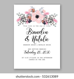 Wedding Invitation Floral Bridal Wreath with pink flowers Anemones, eucaliptus, Mistletoe, wild privet berry, currant berry vector floral illustration in vintage watercolor style