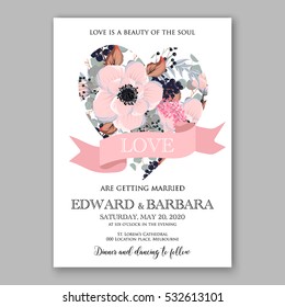Wedding Invitation Floral Bridal Wreath with pink flowers Anemones, eucaliptus, Mistletoe, wild privet berry, currant berry vector floral illustration in vintage watercolor style