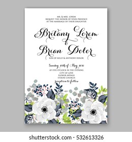 Wedding Invitation Floral Bridal Wreath with pink flowers Anemones, eucaliptus, Mistletoe, wild privet berry, currant berry vector floral illustration in vintage watercolor style