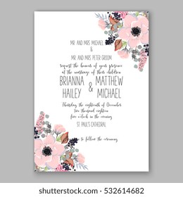 Wedding Invitation Floral Bridal Wreath with pink flowers Anemones, fir, pine branches, wild privet berry, currant berry vector floral illustration in vintage watercolor style