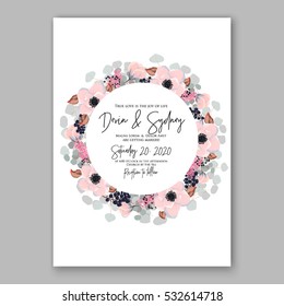 Wedding Invitation Floral Bridal Wreath with pink flowers Anemones, fir, pine branches, wild privet berry, currant berry vector floral illustration in vintage watercolor style