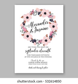 Wedding Invitation Floral Bridal Wreath with pink flowers Anemones, fir, pine branches, wild privet berry, currant berry vector floral illustration in vintage watercolor style