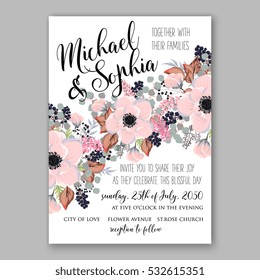 Wedding Invitation Floral Bridal Wreath with pink flowers Anemones, fir, pine branches, wild privet berry, currant berry vector floral illustration in vintage watercolor style