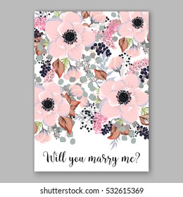 Wedding Invitation Floral Bridal Wreath with pink flowers Anemones, fir, pine branches, wild privet berry, currant berry vector floral illustration in vintage watercolor style