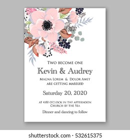 Wedding Invitation Floral Bridal Wreath with pink flowers Anemones, fir, pine branches, wild privet berry, currant berry vector floral illustration in vintage watercolor style