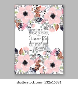 Wedding Invitation Floral Bridal Wreath with pink flowers Anemones, fir, pine branches, wild privet berry, currant berry vector floral illustration in vintage watercolor style