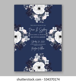 Wedding Invitation Floral Bridal Wreath with pink flowers Anemones, fir, pine branches, wild privet berry, currant berry vector floral illustration in vintage watercolor style