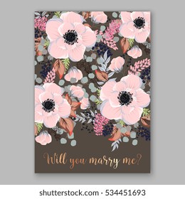Wedding Invitation Floral Bridal Wreath with pink flowers Anemones, fir, pine branches, wild privet berry, currant berry vector floral illustration in vintage watercolor style