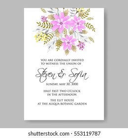 Wedding Invitation Floral Bridal Wreath with pink flowers Anemones, eucaliptus, Mistletoe, wild privet berry, currant berry vector floral illustration in vintage watercolor style