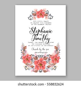 Wedding Invitation Floral Bridal Wreath with pink flowers Anemones, fir, pine branches, wild privet berry, currant berry vector floral illustration in vintage watercolor style