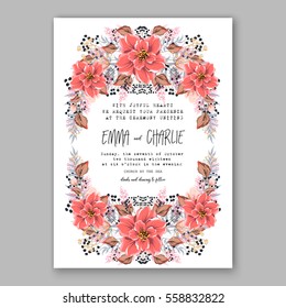 Wedding Invitation Floral Bridal Wreath with pink flowers Anemones, fir, pine branches, wild privet berry, currant berry vector floral illustration in vintage watercolor style