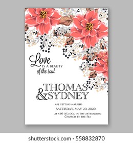 Wedding Invitation Floral Bridal Wreath with pink flowers Anemones, fir, pine branches, wild privet berry, currant berry vector floral illustration in vintage watercolor style