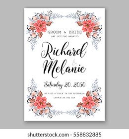 Wedding Invitation Floral Bridal Wreath with pink flowers Anemones, fir, pine branches, wild privet berry, currant berry vector floral illustration in vintage watercolor style