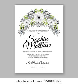 Wedding Invitation Floral Bridal Wreath with pink flowers Anemones, fir, pine branches, wild privet berry, currant berry vector floral illustration in vintage watercolor style