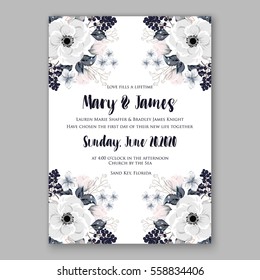 Wedding Invitation Floral Bridal Wreath with pink flowers Anemones, fir, pine branches, wild privet berry, currant berry vector floral illustration in vintage watercolor style