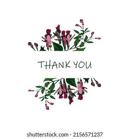 Wedding invitation floral card. Garland Fuchsia flowers, stems, leaves in purple green colors on white background. Vector illustration, greeting card, logo, branding design, poster, print, birthday