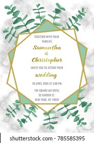 Wedding invitation floral card with gold geometric frame and eucalyptus on marble background. Fashion greenery botanical greeting A4 invite with watercolor effect. Template with text place.