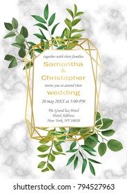 Wedding invitation floral card with gold geometric frame and greenery on marble background. Fashion greenery botanical greeting A4 invite with watercolor effect. Template with text place.