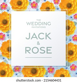 Wedding invitation floral card. Paper cut flowers for decor, realistic effect. Bright holiday design. with flowers paper cut